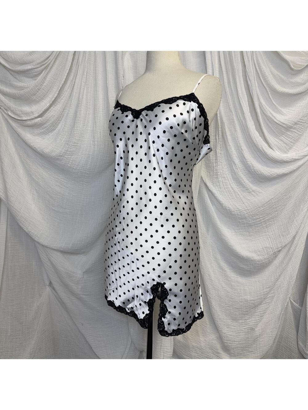 Vintage Y2k Preppy Whimsygoth Black Polka Dot Satin Slip Dress